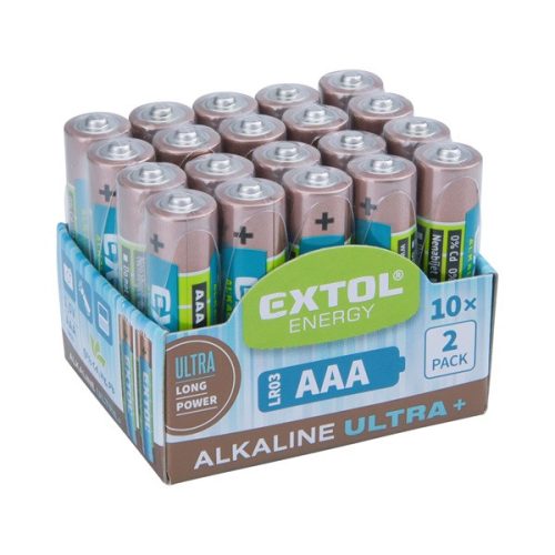 EXTOL ENERGY elem klt. 20 db, alkáli, 1,5V, méret: AAA (LR03); hosszú étettartam, 10×2db-os kínálóban