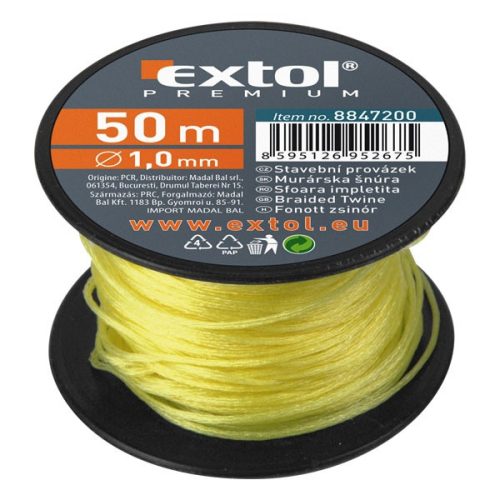 EXTOL PREMIUM kőműves zsinór, sodort; PE, 1,7mm×50m, sárga, orsón