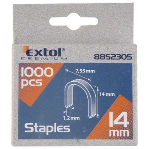 EXTOL PREMIUM U-szeg profi tűzőgéphez 7,55×0,52×1,2mm ; 14mm, 1000db, használható: 4770704, 8851110 és 8851112 tűzőgéphez